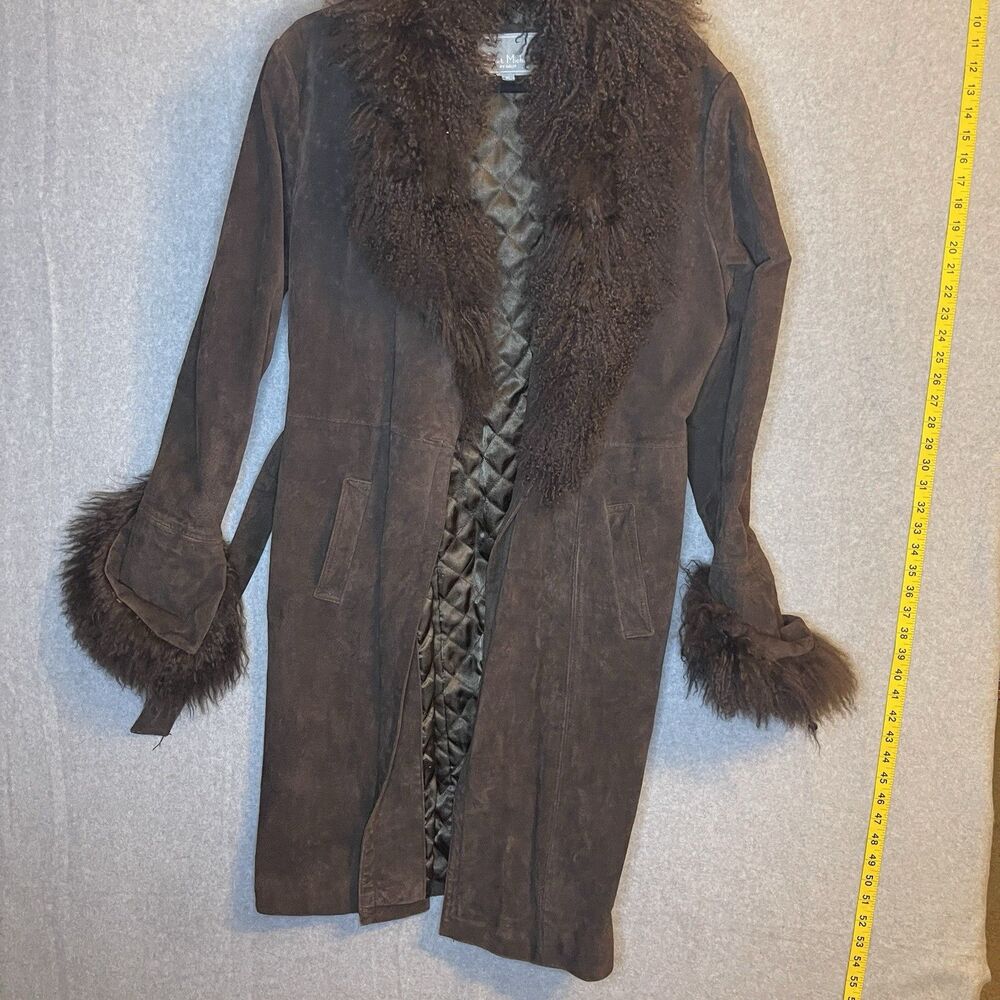 Juliet Michelle by Adler Brown Leather Fur Trim Belted Lined Long Coat XL Women